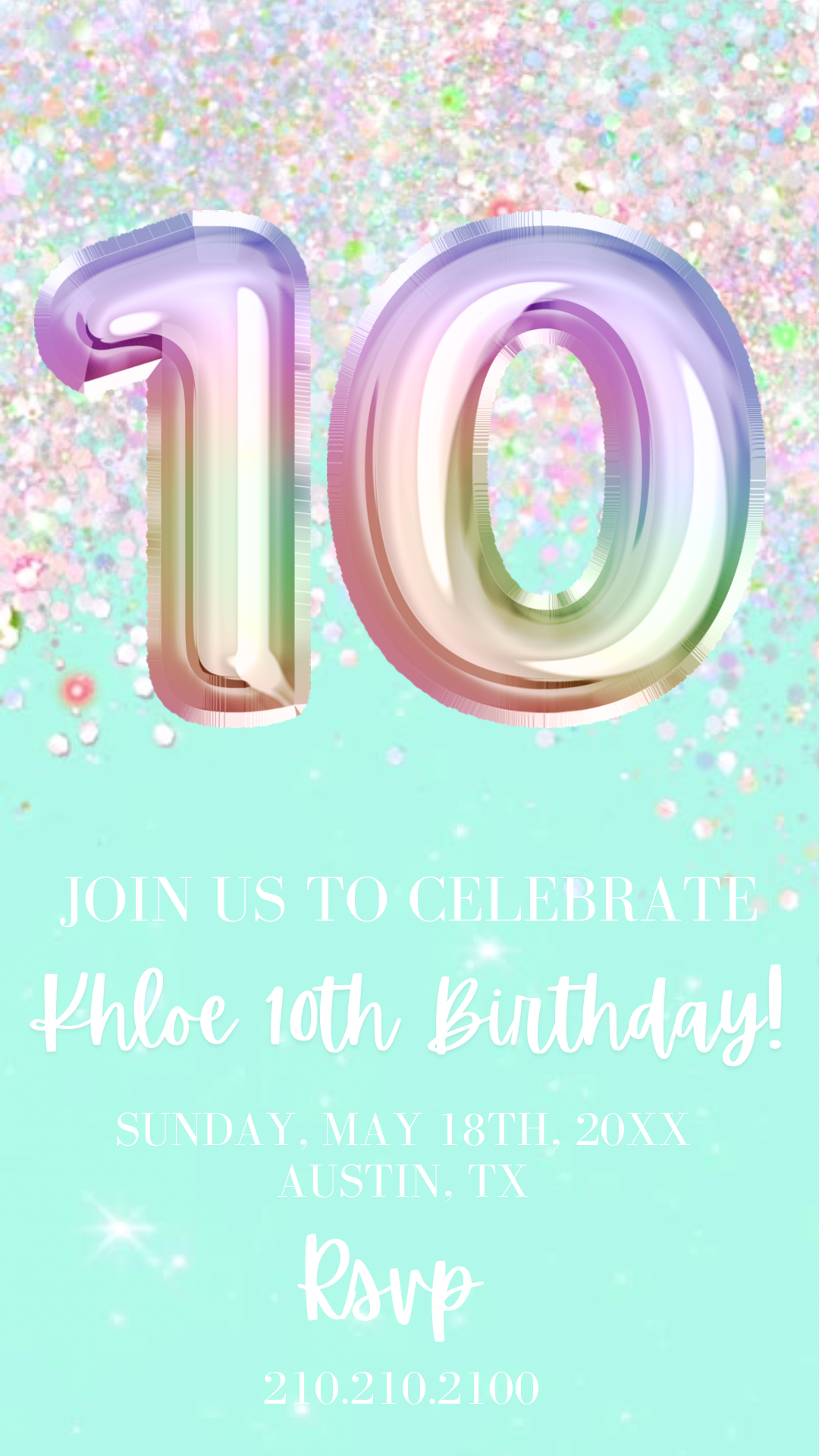 10th Birthday Video Invitation, Mint Glitter Birthday Invitation