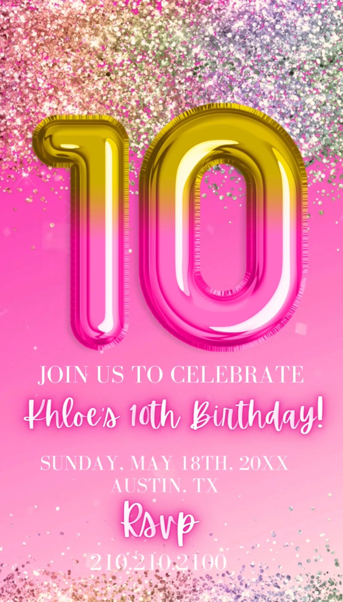Pink and Gold 10th Birthday Invitation
