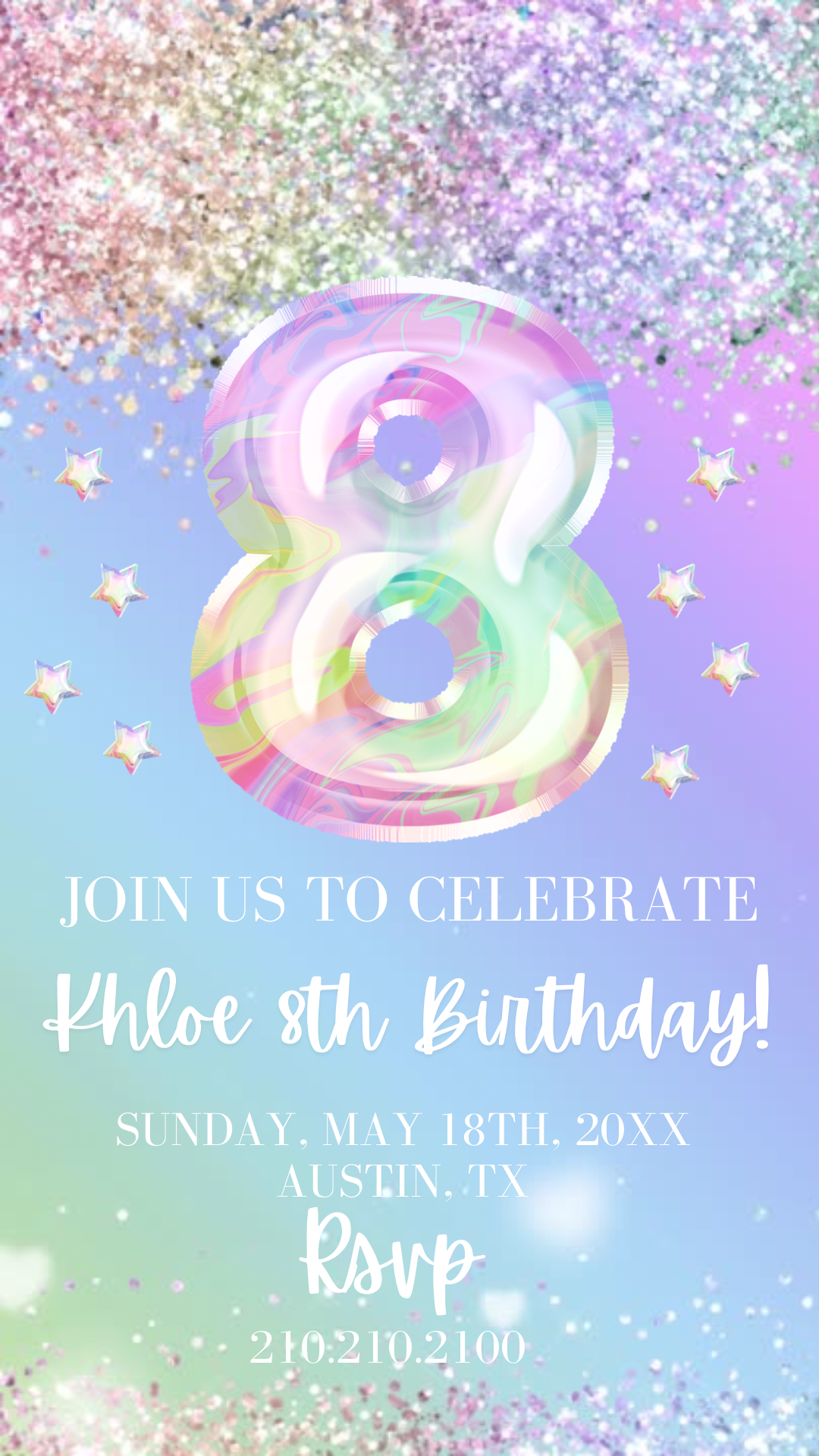 8th Birthday Pastel Video Invitation, Iridescent Glitter Invitation