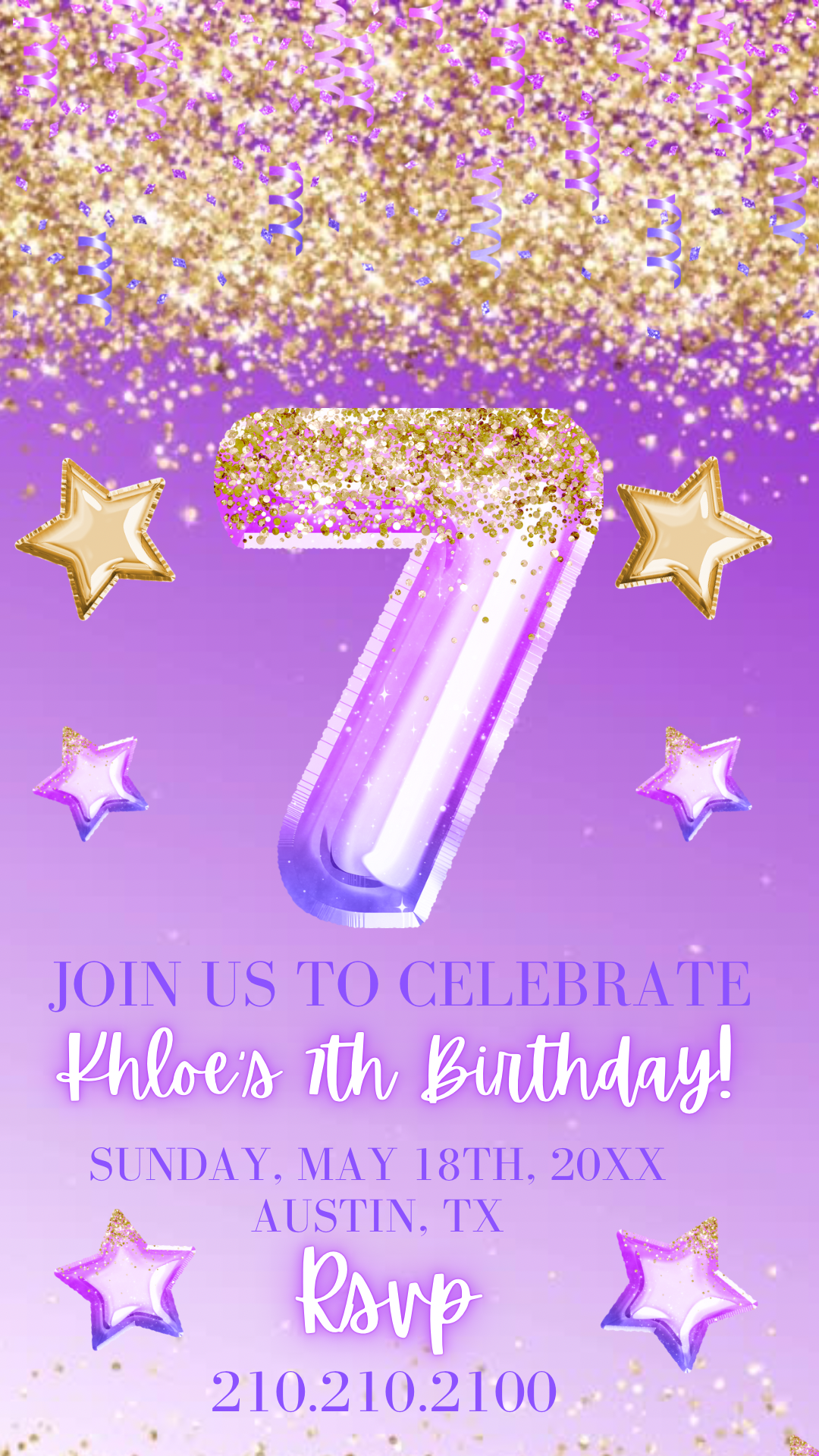 7th Birthday Video Invitation, Purple Glitter Invite, Purple Purple Ombre Glitter Editable Birthday Invitation