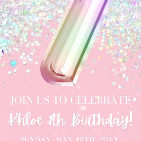 7th Birthday Pink Glitter Video Invitation, Pink Birthday Glitter Balloon Invite