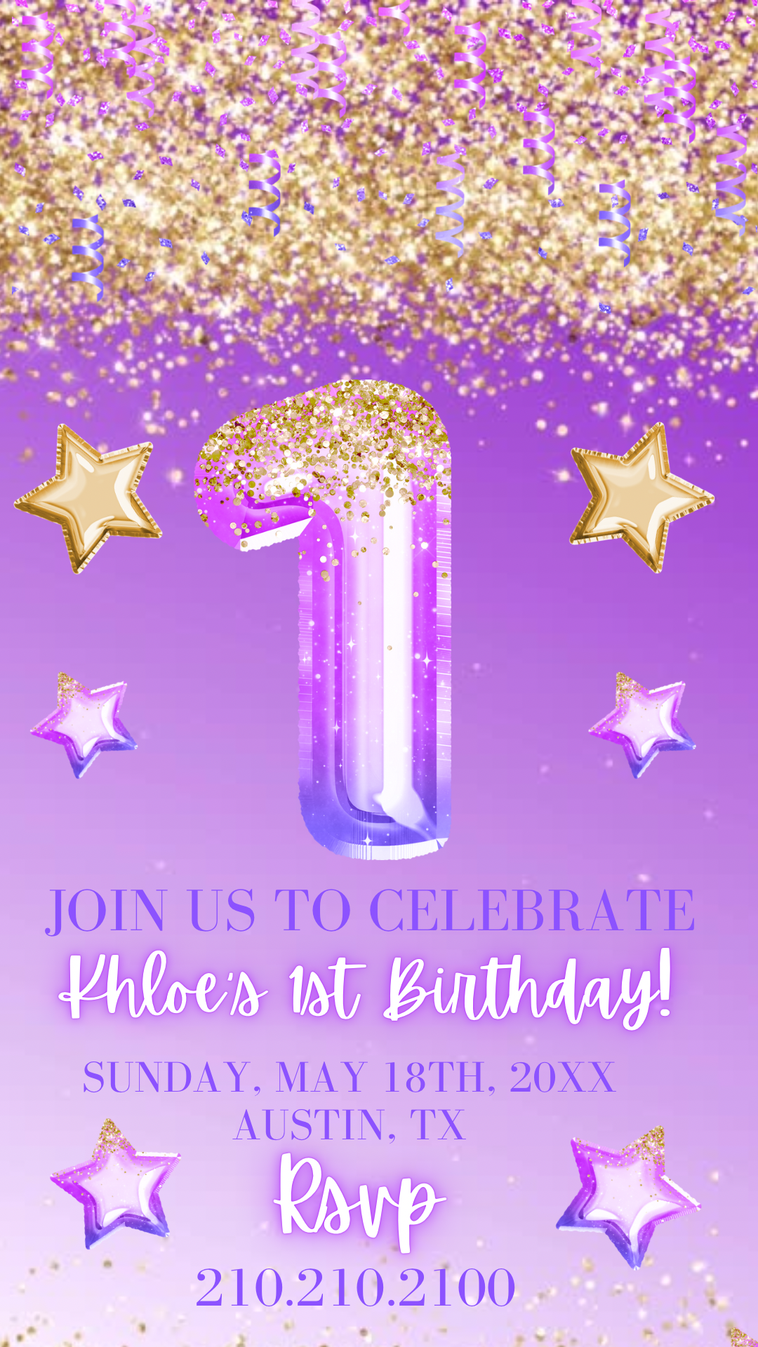 1st Birthday Video Invitation, Purple Glitter Invite, Purple Glitter Editable Birthday Invitation