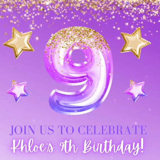 9th Birthday Purple and Gold Glitter Video Invitation
