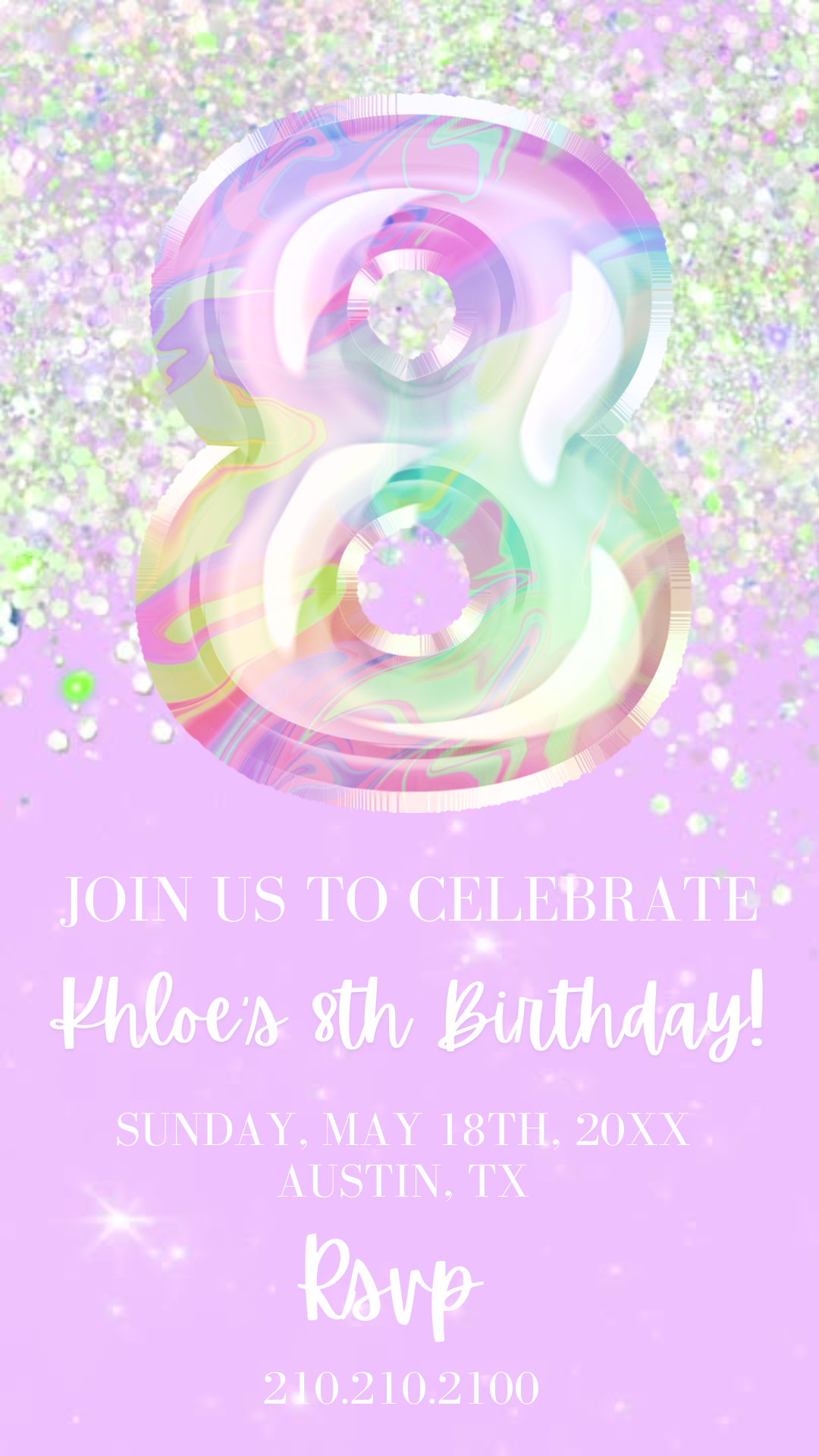 8th Birthday Video Invitation, Purple Glitter Editable Birthday Invitation, Purple Holographic Editable invite
